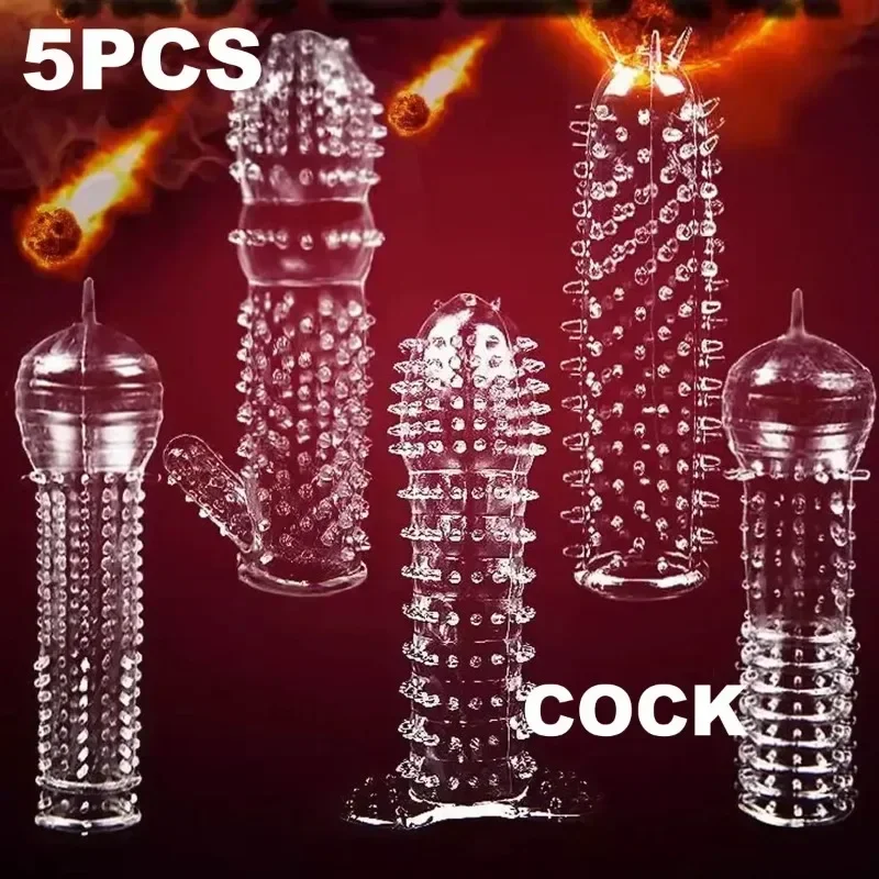 5PCS/Set Reusable Condoms Men Delay Ejaculation Penis Enlargement Cockrings Dots Condom Lasting Ring Penis Sleeve for Adults 18