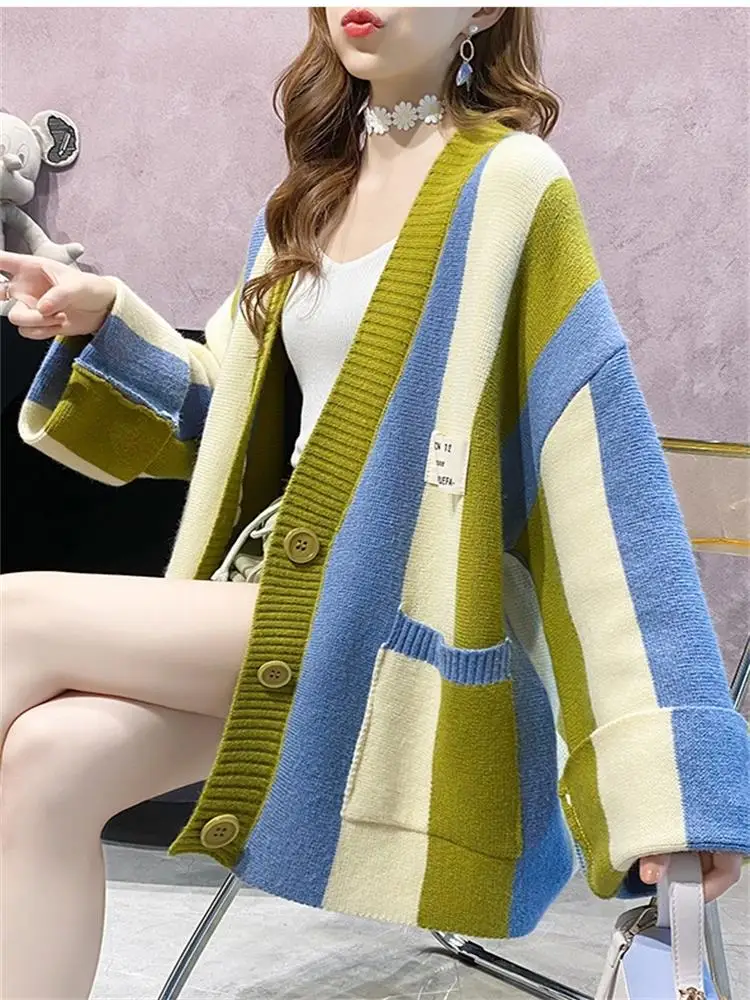 H.SA 2022 Women Long Sweater Coat Vneck Oversized Cardigans Patchwork Sweater Casual Striped Chic Street Knit Poncho Korean Tops