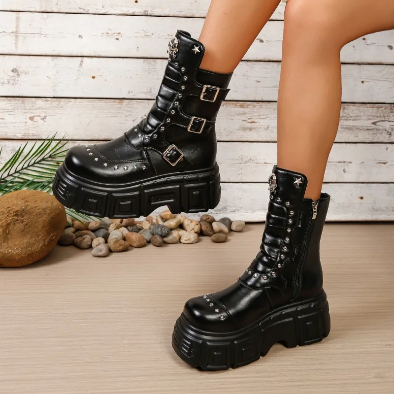 2026 New Punk Style Rivet Buckle Strap Women's Mid Calf Boots Fashion Trend Round Toe Solid Thick Sole Zipper Casual Women Boots