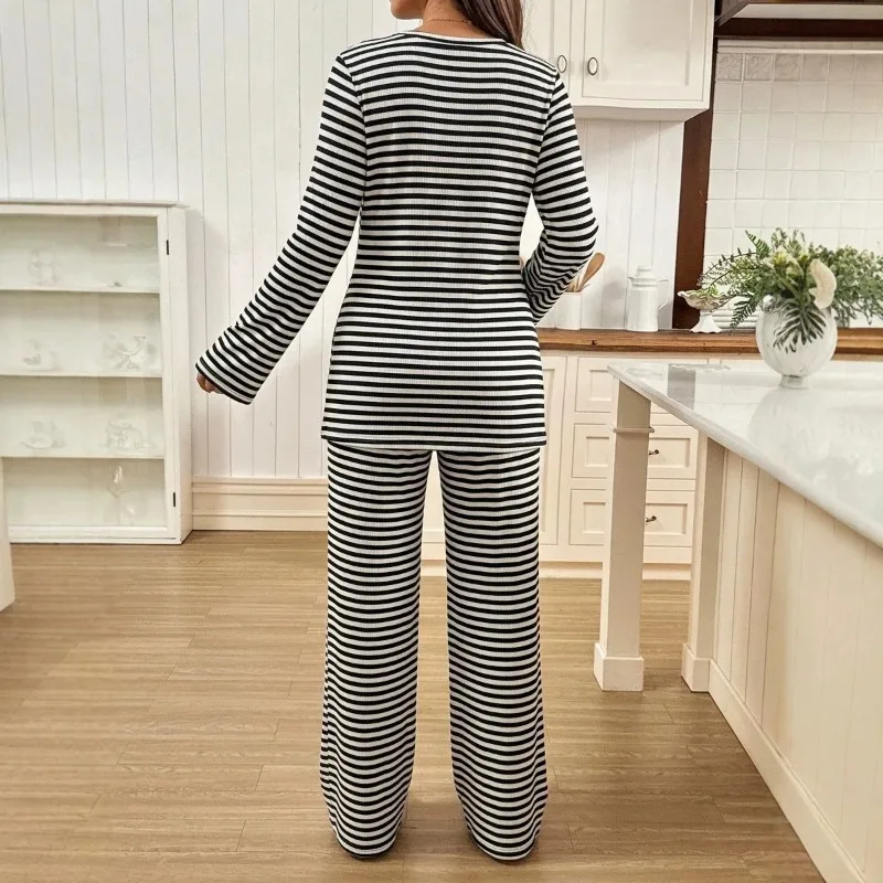 Pregnant Women Two-piece Outfit Maternity Striped Long Sleeve T-shirt + Adjustable Waist Pants Autumn Winter Pregnancy Clothing - view 2