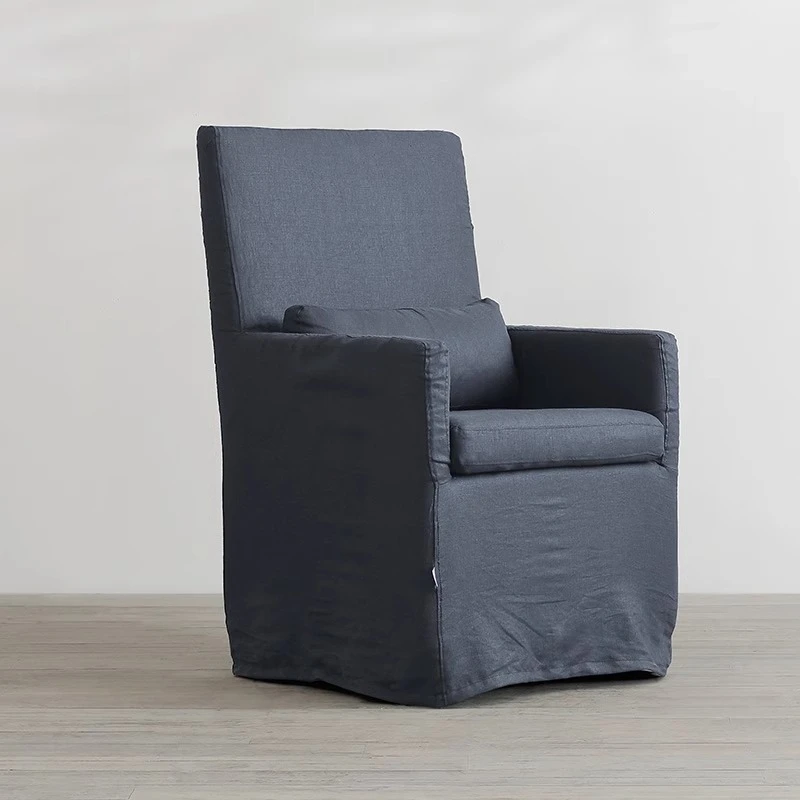 

American rural retro high backrest cotton and linen fabric armrest dining chair