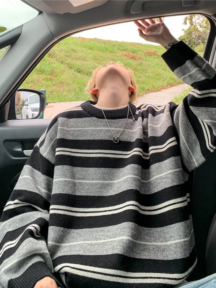 

Men's round Ne Knitwear Winter High-End Striped Color Blo Base Layer irt Casual Loose Fit Comfortable Long Sve Sweater