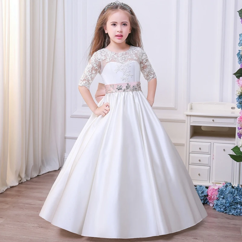 

Flower Girl Dresses White Satin Appliques With Bow Jewels Belt Half Sleeve For Wedding Birthday Party First Communion Gowns