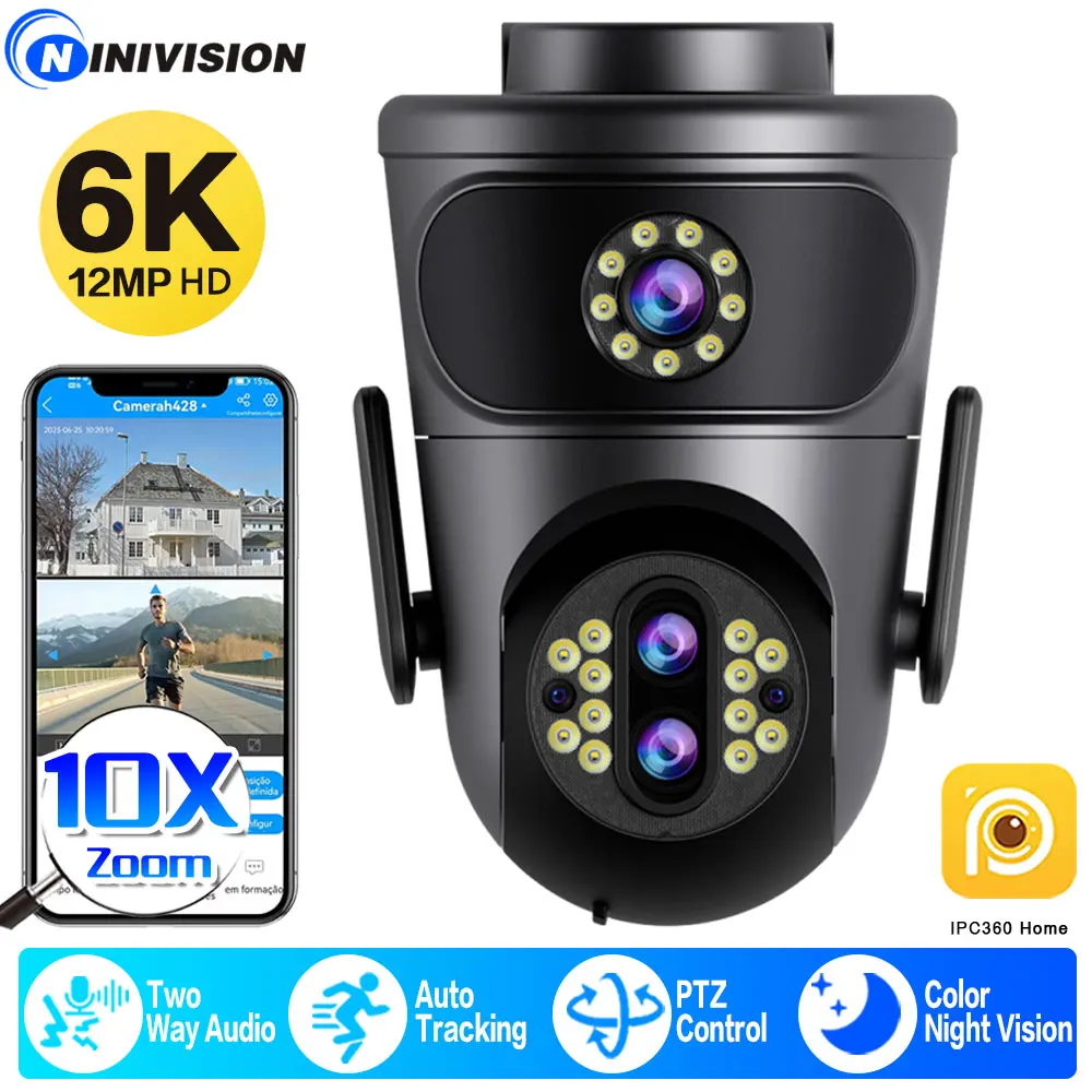 6K 12MP WiFi IP Camera 3-Lens Dual Screen Outdoor 10x Zoom PTZ Camera AI Tracking Security Protection CCTV Surveillance Camera