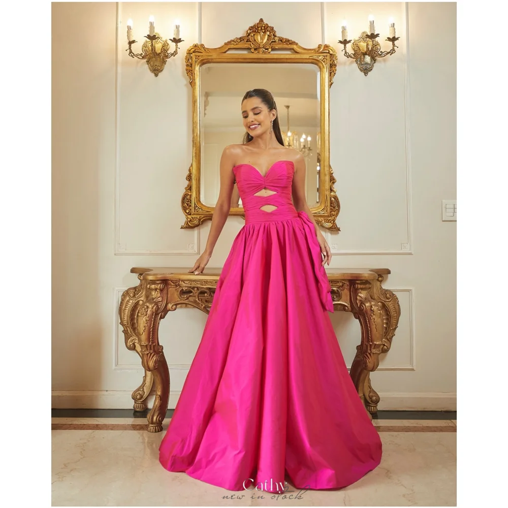

Cathy Customized Pink Strapless pleated Prom Dress Sleeveles Cut-out vestidos de noiva A-line Floor-length Evening Dresses