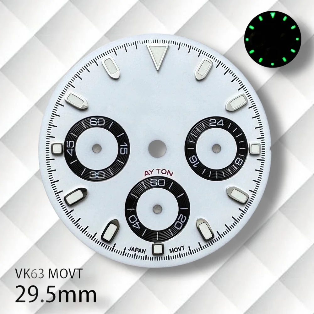 29.5mm S 로고 DTN 팬더 다이얼 VK63 무브먼트 호환 녹색 야광 최신 스타일 다이얼 시계 개조 액세서리