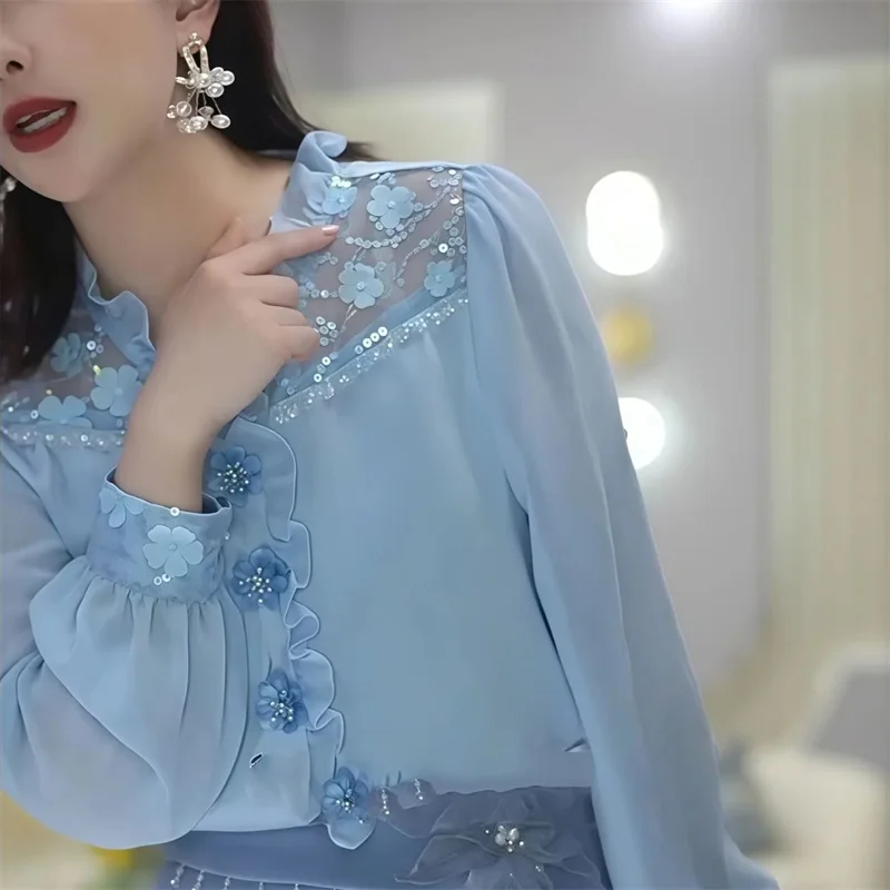 

2025 Blue Spring And Summer New Plus Size Women's Fat MM Long Sleeve Flower Buckle Top wood Ear Neckline Shirt Woman