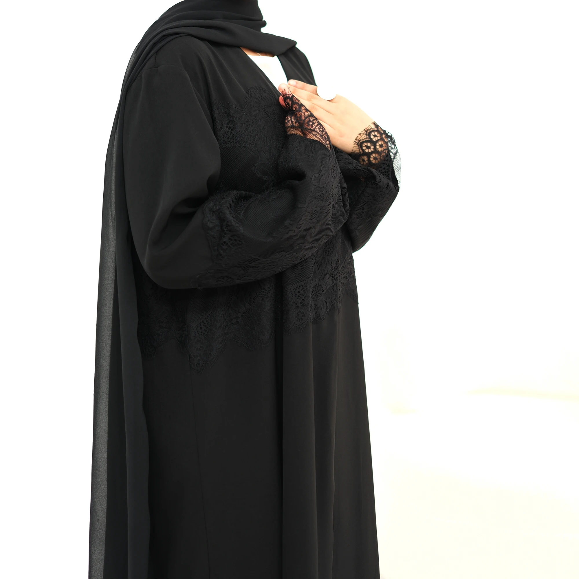 Delicate Lace Trim Dubai Abayas Muslimah Open Abaya Modest Islamic Clothing: Relaxed Regular-Fit, V-Neck with Snap Button Front