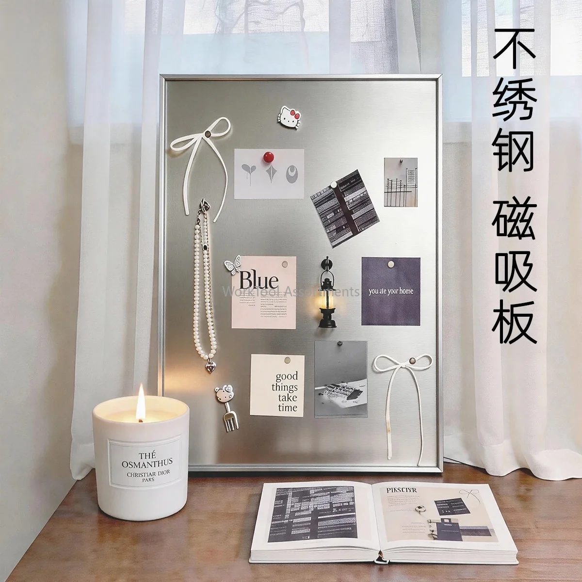 Silver Aluminum Frame Stainless Steel Magnetic Display Board,DIY Photo Card Inspirational Board for Entryway Bedroom Decor