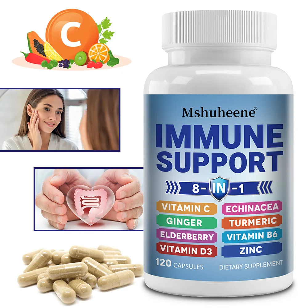 

8 in 1 Immune Support Booster Supplement with Echinacea, Vitamin C and Zinc, Vitamin D3, Turmeric & Ginger, B6, Elderberry