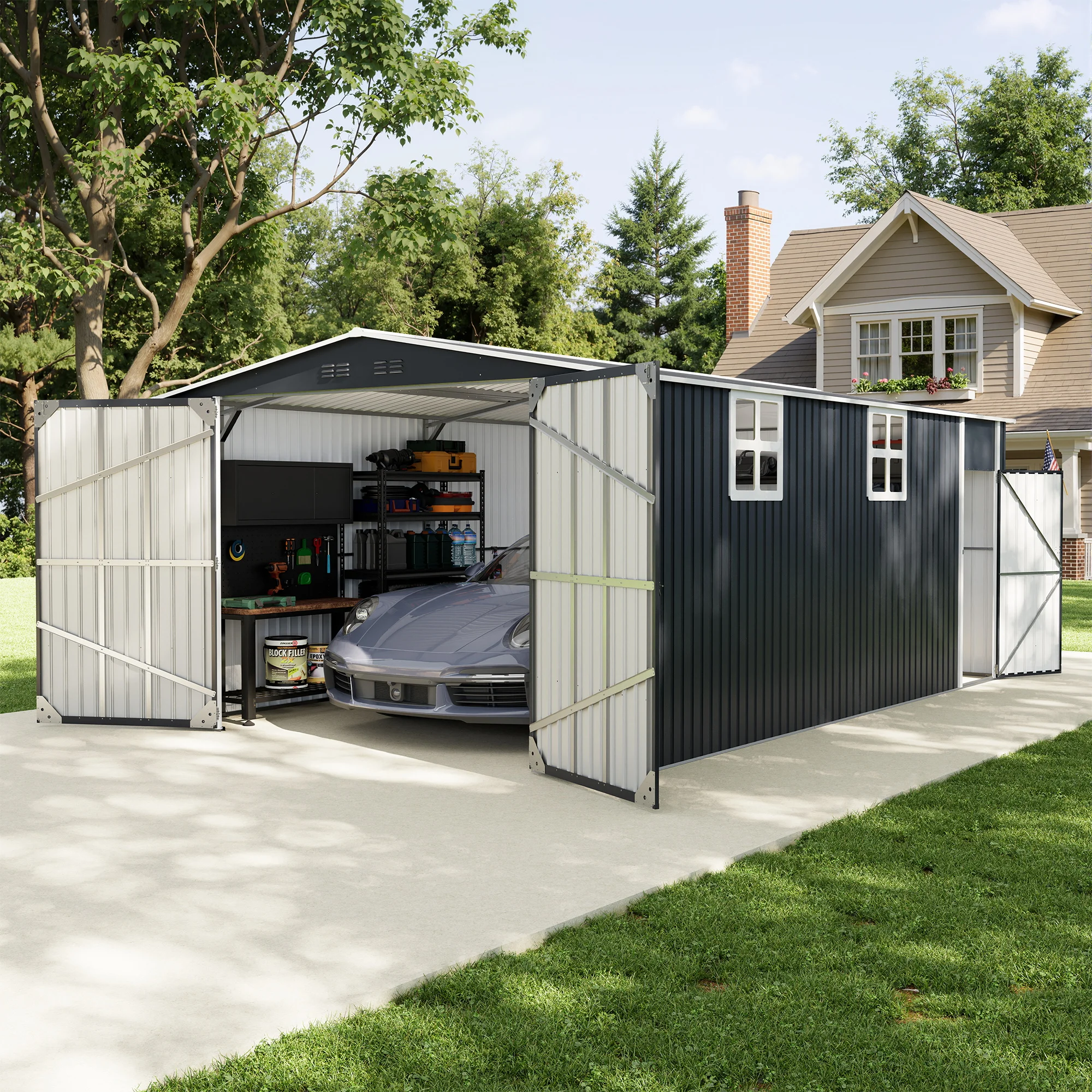 12x20 FT Outdoor Metal Storage Shed, Garden Shed with Window, Lockable Tool Shed, Heavy-Duty Frame, Backyard Patio, Black