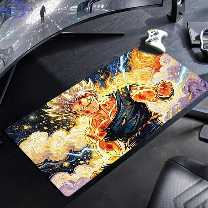 Colorful Starry Sky Oil Painting Anime Fighter with Fire and Lightning Mouse Pad, Rubber Non-Slip Base, Smooth Fabric Gaming Des