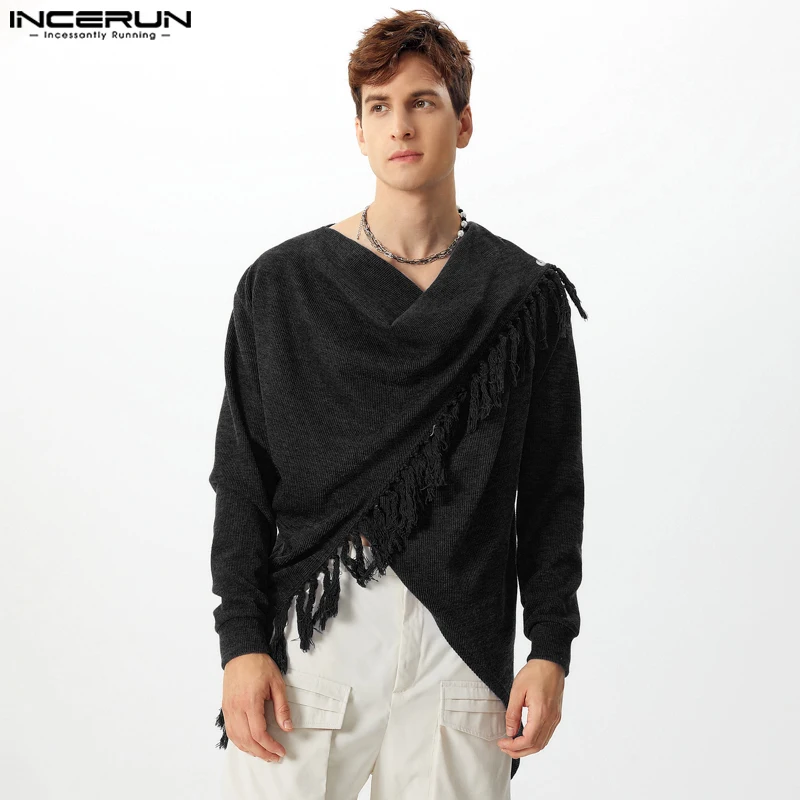 Handsome Well Fitting Tops INCERUN Men's Knitted Tassel Collar Design Sweaters Casual City Walk Male Long Sleeved Cardigan 2024