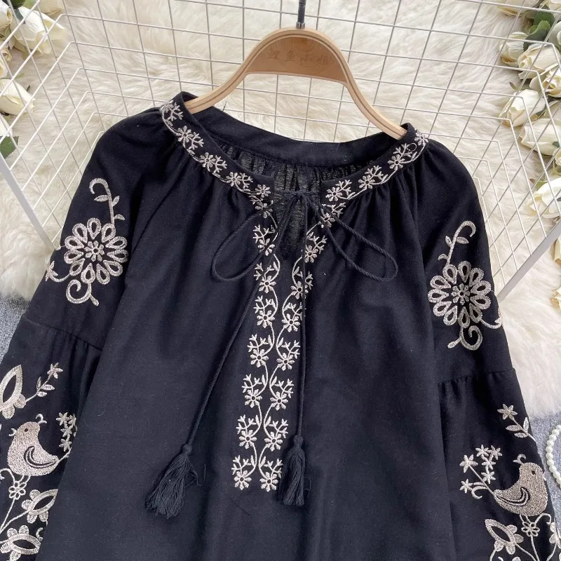 Neploe Vintage Heavy Embroidery Shirts Women Y2k Lace Up O-neck Tassel Blusas Mujer 2024 Spring New Long Sleeve Loose Blouses