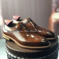 Vintage Brown Layer Cowhide Lace Up Business Men's Shoes Party Oxford Embroidered Dress Shoes Leather Sole British Male Shoes