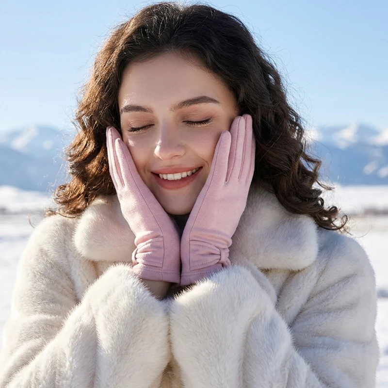 French Silk Bow Gloves for Women, Autumn/Winter Thickened Mulberry Silk Fleece Lined Warm Gloves, Hand-Slimming Driving Gauntlet
