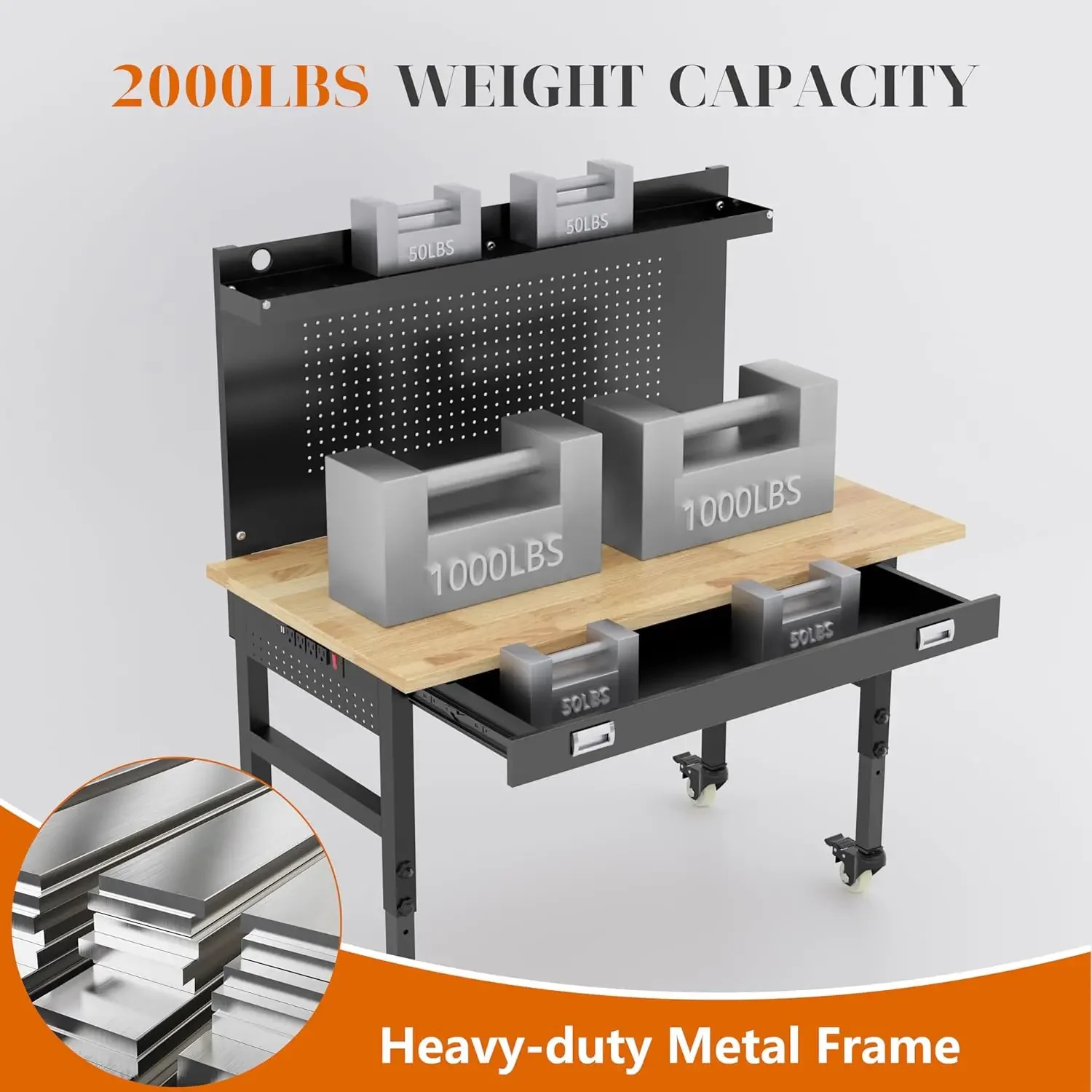 Duty Adjustable Workbench with Large Pegboard, Adjustable Work Table with Power Outlets & Lockable Wheels, Rubber Wood Workstati