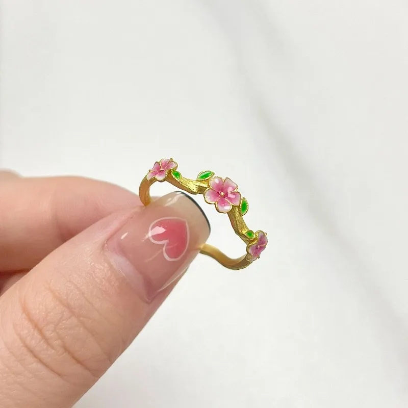 خاتم ذهبي فاخر خفيف على طراز المحكمة ثلاثي الأبعاد على شكل زهرة المينا وزهر الخوخ للنساء، خاتم أنيق قابل للتعديل