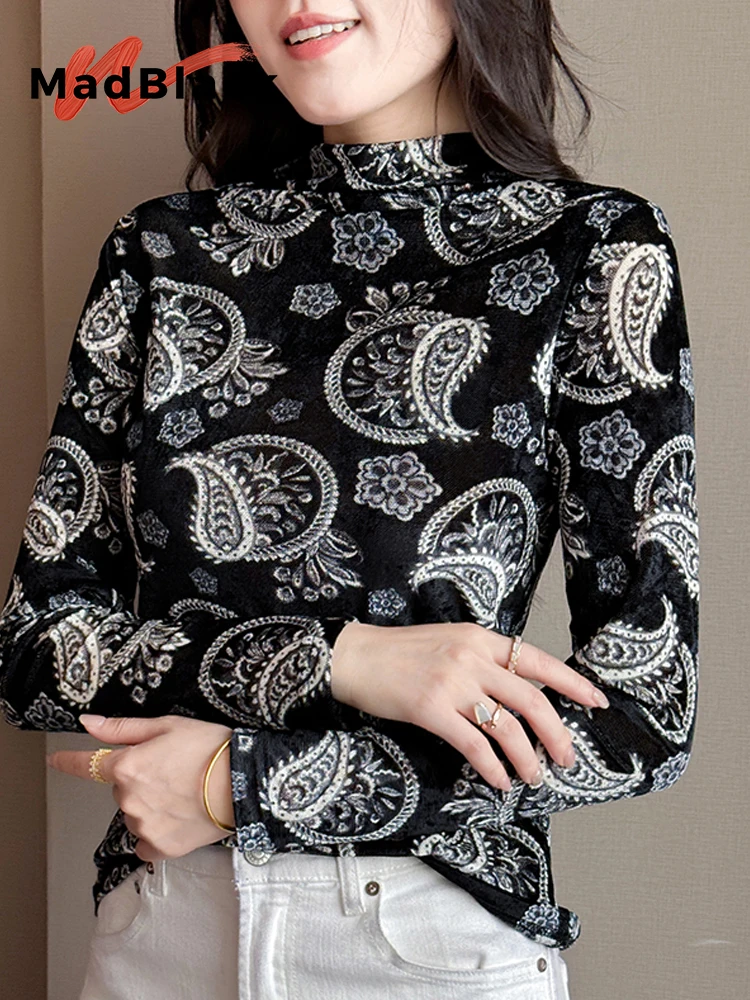 

MadBlack-Women's European T-Shirt, Sexy Mock Neck Paisley Printed, Fashion Long Sleeve Slim M-2XL Tee, 2025 Winter New T5N914CC
