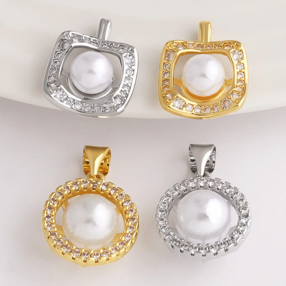 OCESRIO White Crystal Faux Pearl Round Charm for Bracelet Copper Gold Plated Rectangle Handmade Jewelry Making Supplies chma567