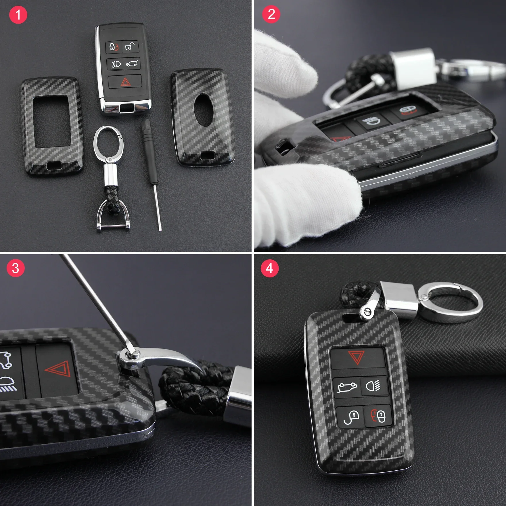 Carbon Fiber Car Key Fob Cover Chain Case For Land Range Rover Sport Evoque Velar Discovery Defender 90 110 130 Jaguar XE XF