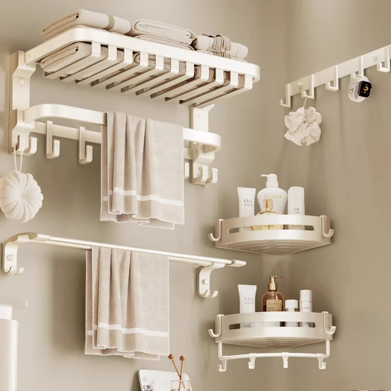 

Milk White Mesh Basket Towel Rack, Bathroom Rack, No Punching Pendant, Storage Rack.