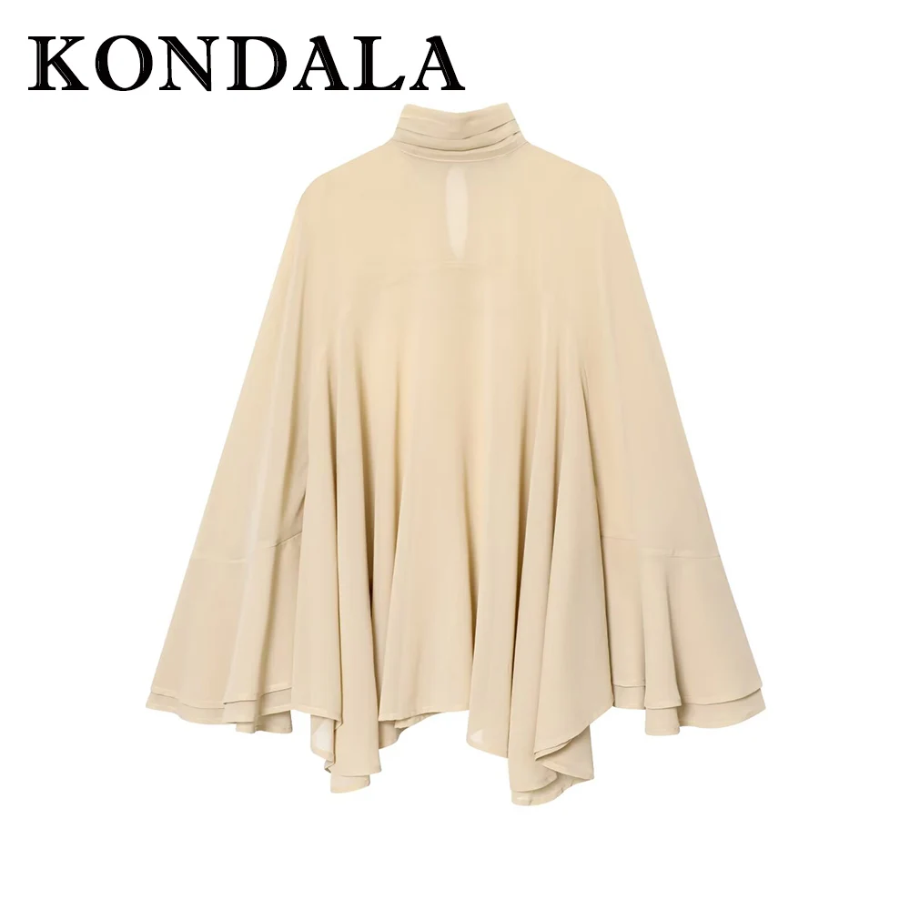 

KONDALA Chic Elegant Tierred Translucent Beige Women Pleated Blouse Fashion 2025 Fall Shirt Loose Casual Holiday Female Shirt