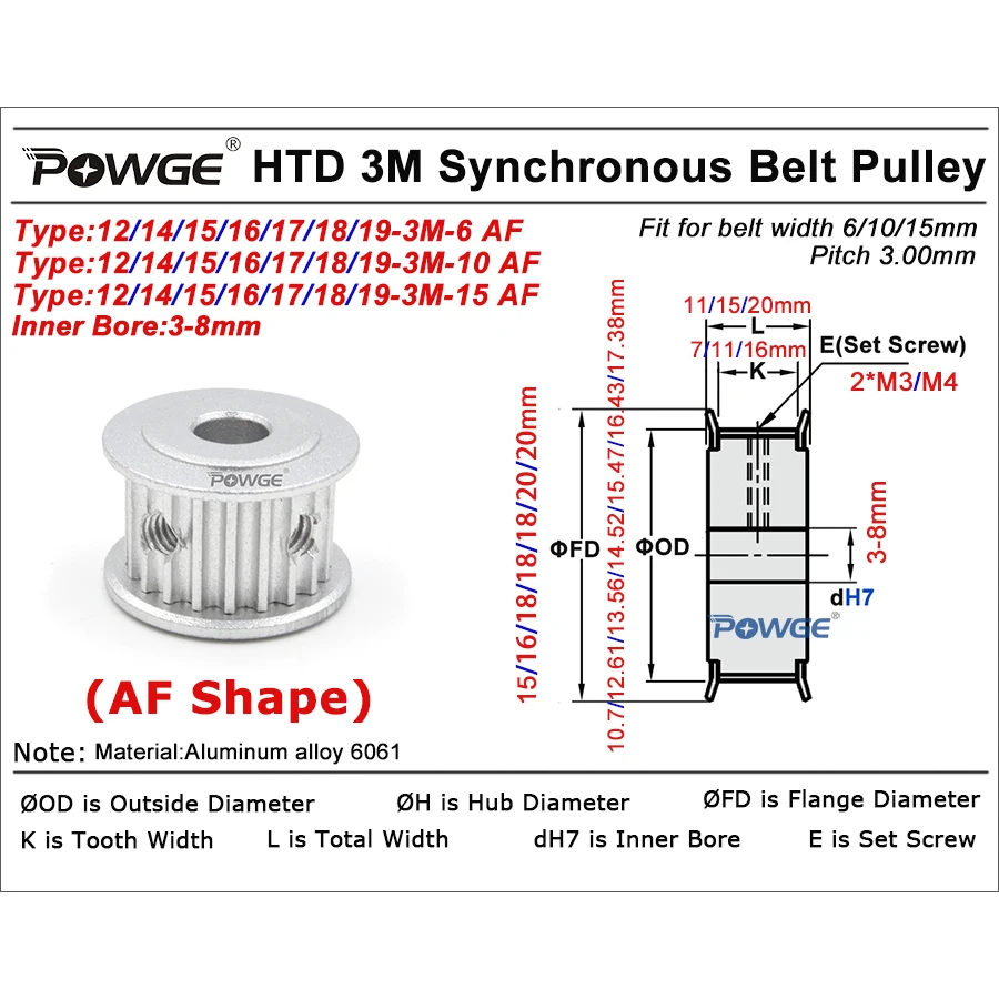 POWGE 12 14 15 16 17 18 19 teeth HTD 3M Timing Pulley AF Bore 3-8mm for HTD3M belt width 6/10/15mm 12T 14T 15T 16T 17T 18T 19T