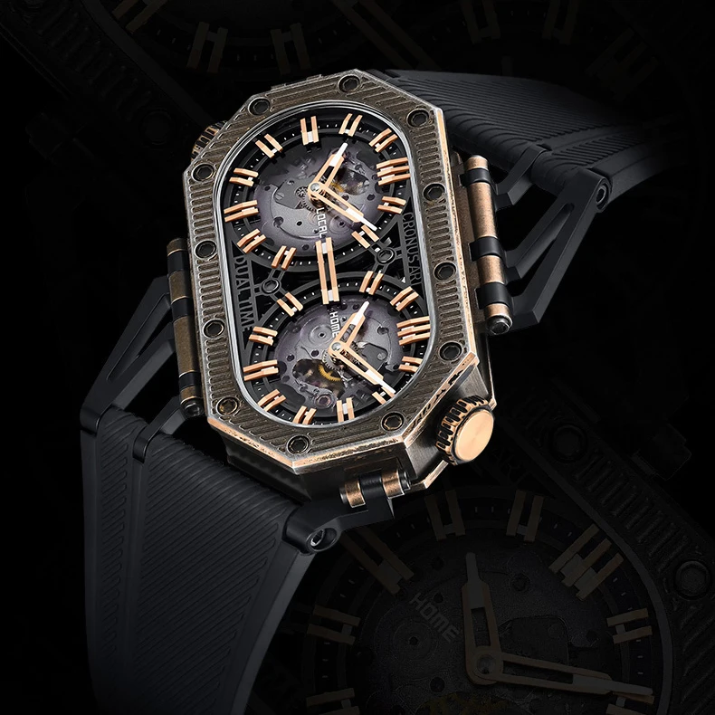 CRONUSART Orologio automatico da uomo 50mm * 29mm Orologio da polso meccanico rettangolare Cinturino in gomma fluorurata Doppio fuso orario Quadrante Specchio zaffiro