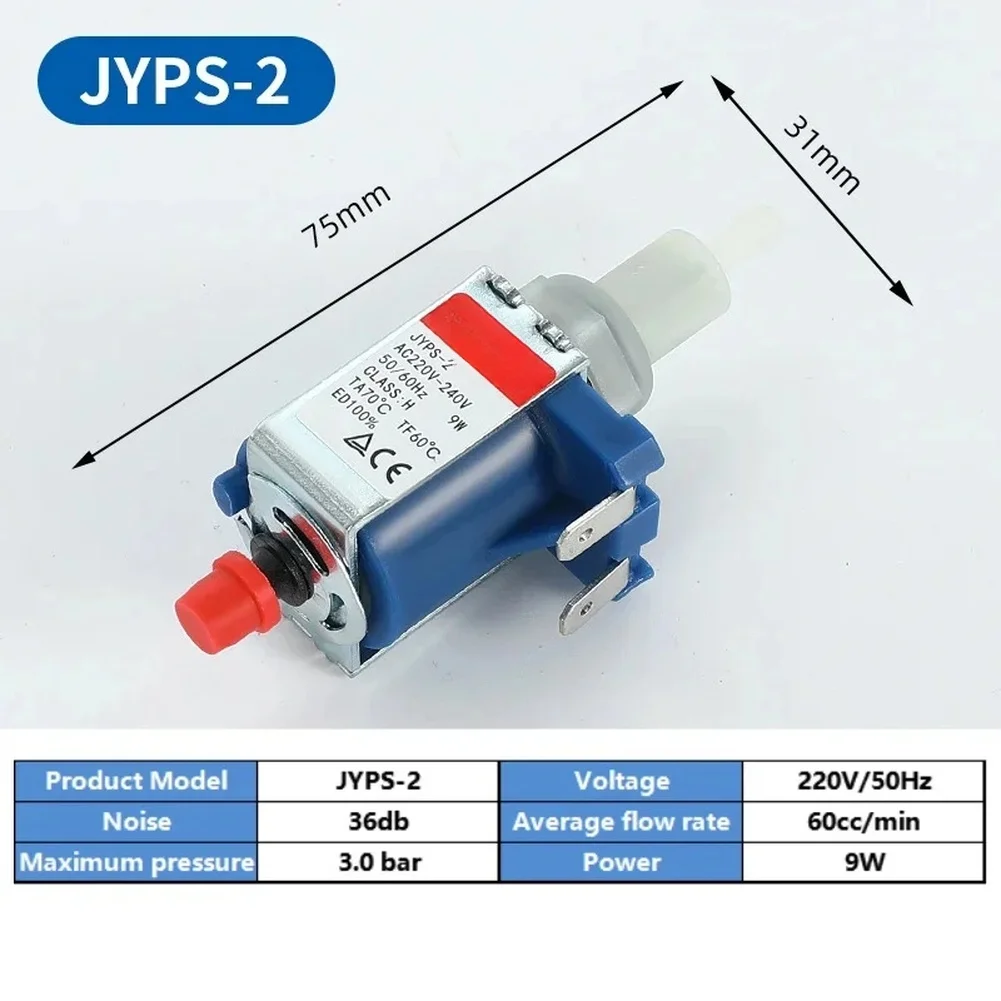 220V Electromagnetic Water Pump JYPS-2 for For coffee Makers Steam Generators and Small Appliances 3.0 Bar 60cc/min Specs
