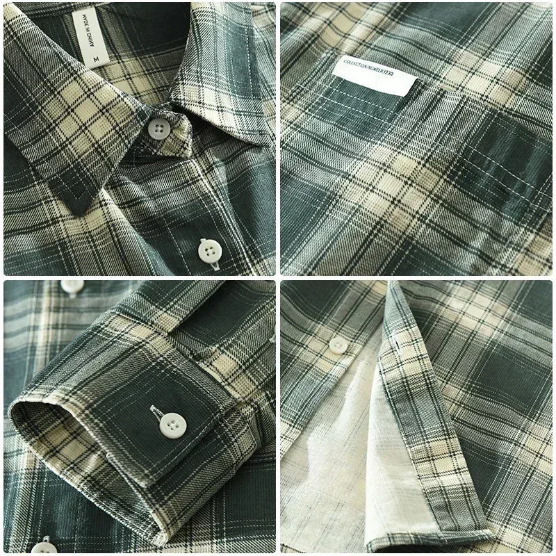 

Японская винтажная рубашка в клетку для мужчин, повседневная, с отложным воротником, карманом, длинным рукавом, весна-осень, из чистого хлопка, мягкая одежда