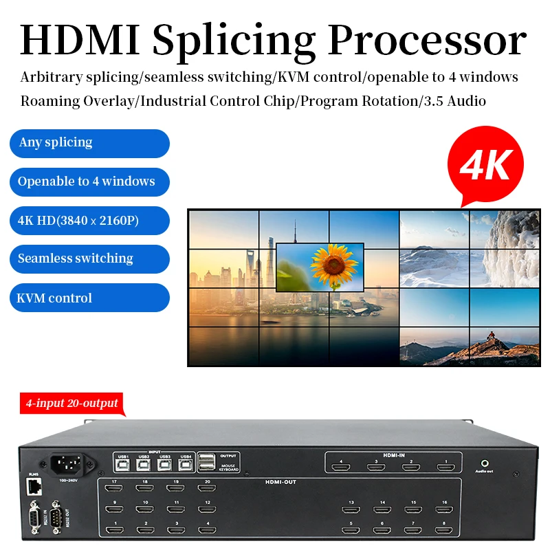 4 Into 20 Out HDMI Splicing Processor 2*10 TV Screen 4K HD Video Seamless Matrix Switcher 4*5