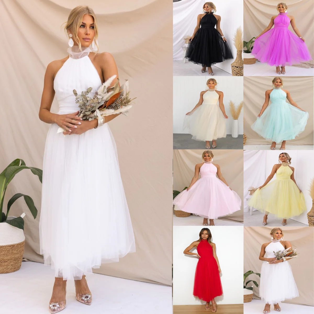 

New Arrival European & American Spring Summer Halter Mesh High-Neck Dress, INS Casual Resort Multi-color Dress