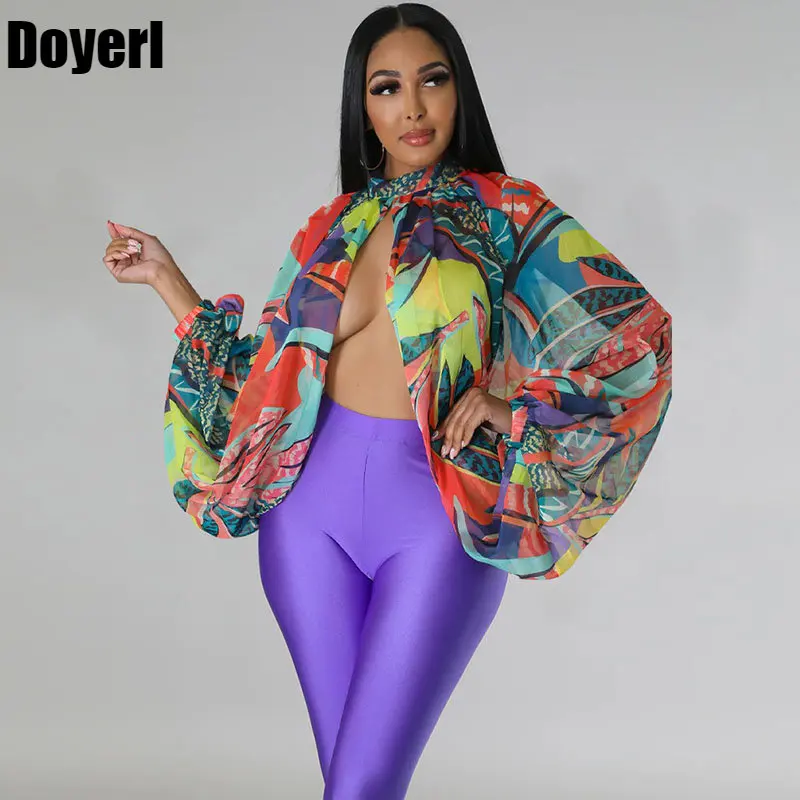 Printing Batwing Sleeve Chiffon Shirts & Blouses for Women Tops Y2K Sheer Front Split Blouse Party Nightclub Blusas Para Mujer