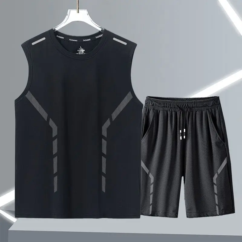 Men's Ice Silk Mesh 2-Piece Sleeveless T-Shirt and Shorts Casual Summer Set