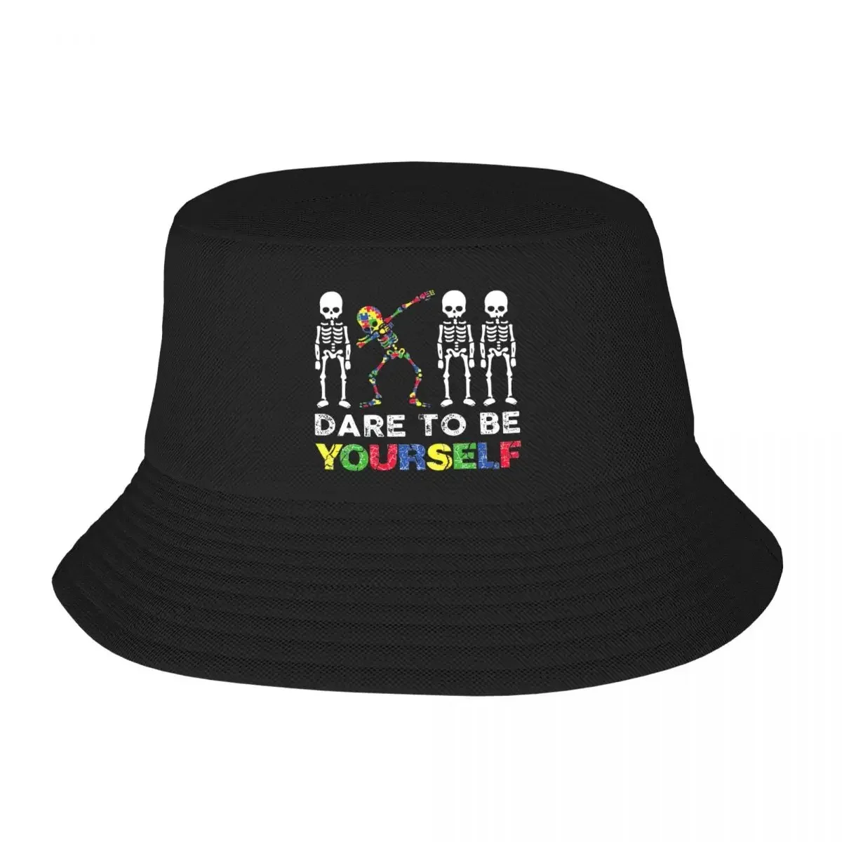2026 Custom Dare To Be Yourself Skeleton Dabbing Autism Awareness Bucket Hat Women Men Fashion Summer Outdoor Sun Fisherman Cap