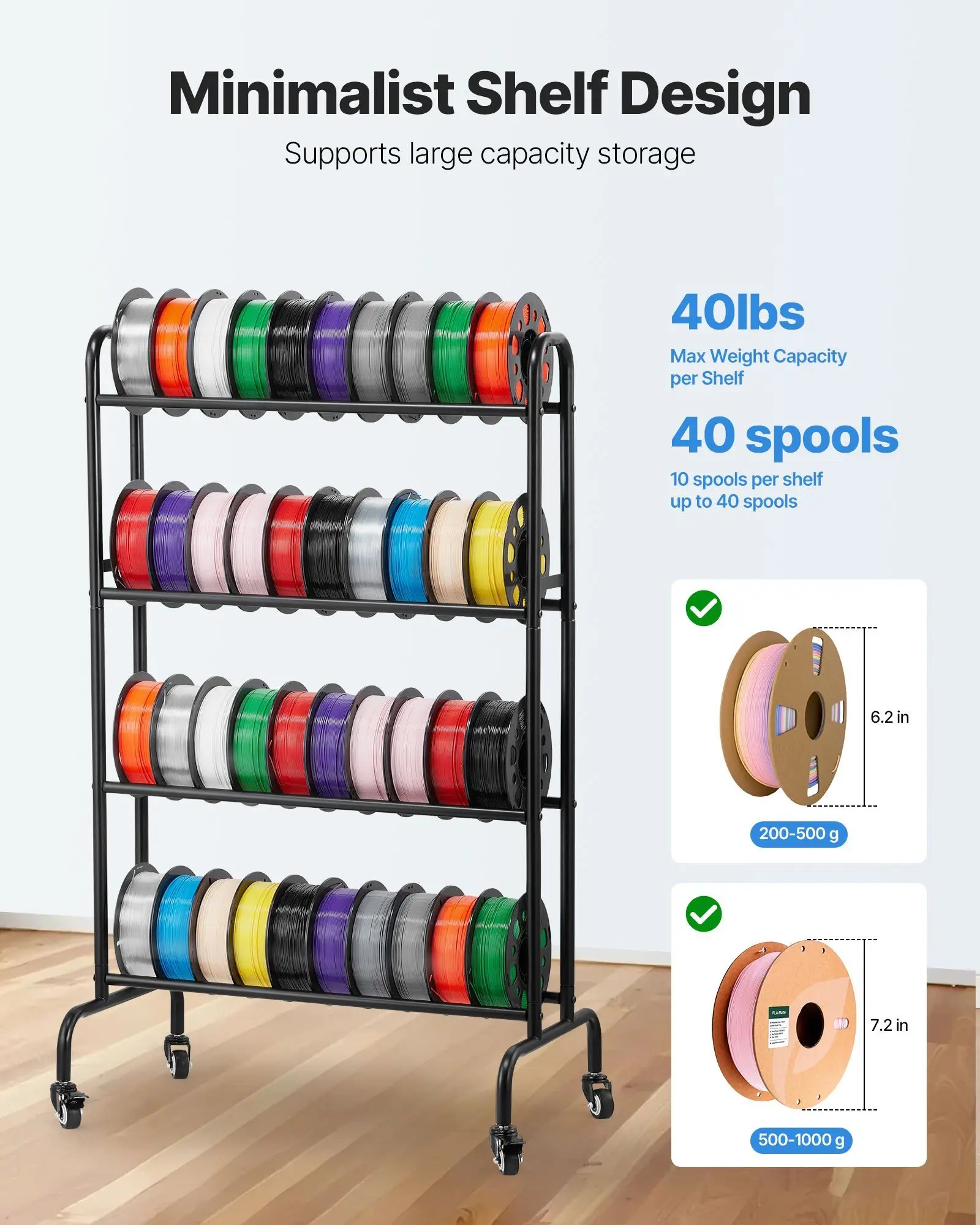 

4 Tier 3D Printer Filament Storage Rack with Wheels | Heavy Duty Carbon Steel Spool Holder Organizer | Large Capacity for 40 Spo