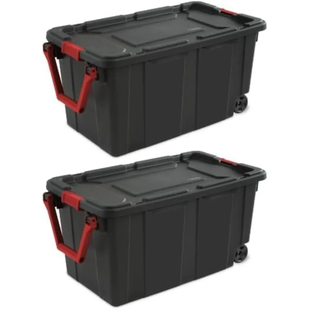 

Set of 2 Black 40 Gallon Industrial Tote Plastic Bins with Wheels - Convenient Storage Solution