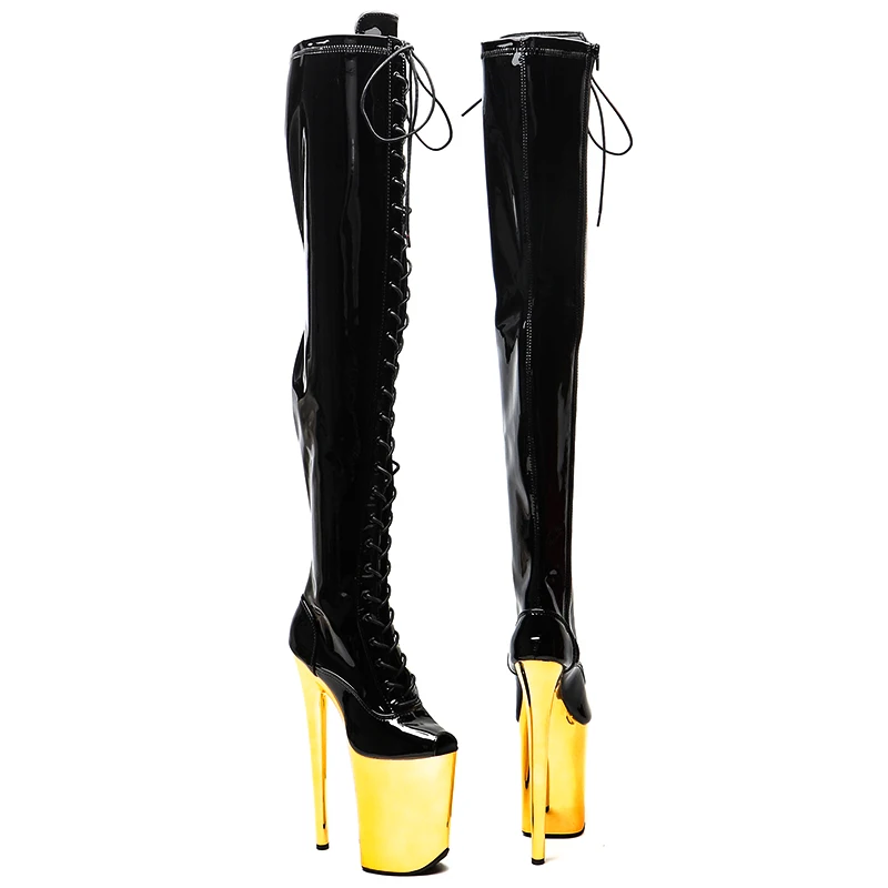 Leecabe  23CM/9inches Patent  PU  upper Sexy boots  Open Toe Gold  electroplate High Heels Platform Pole Dance shoes