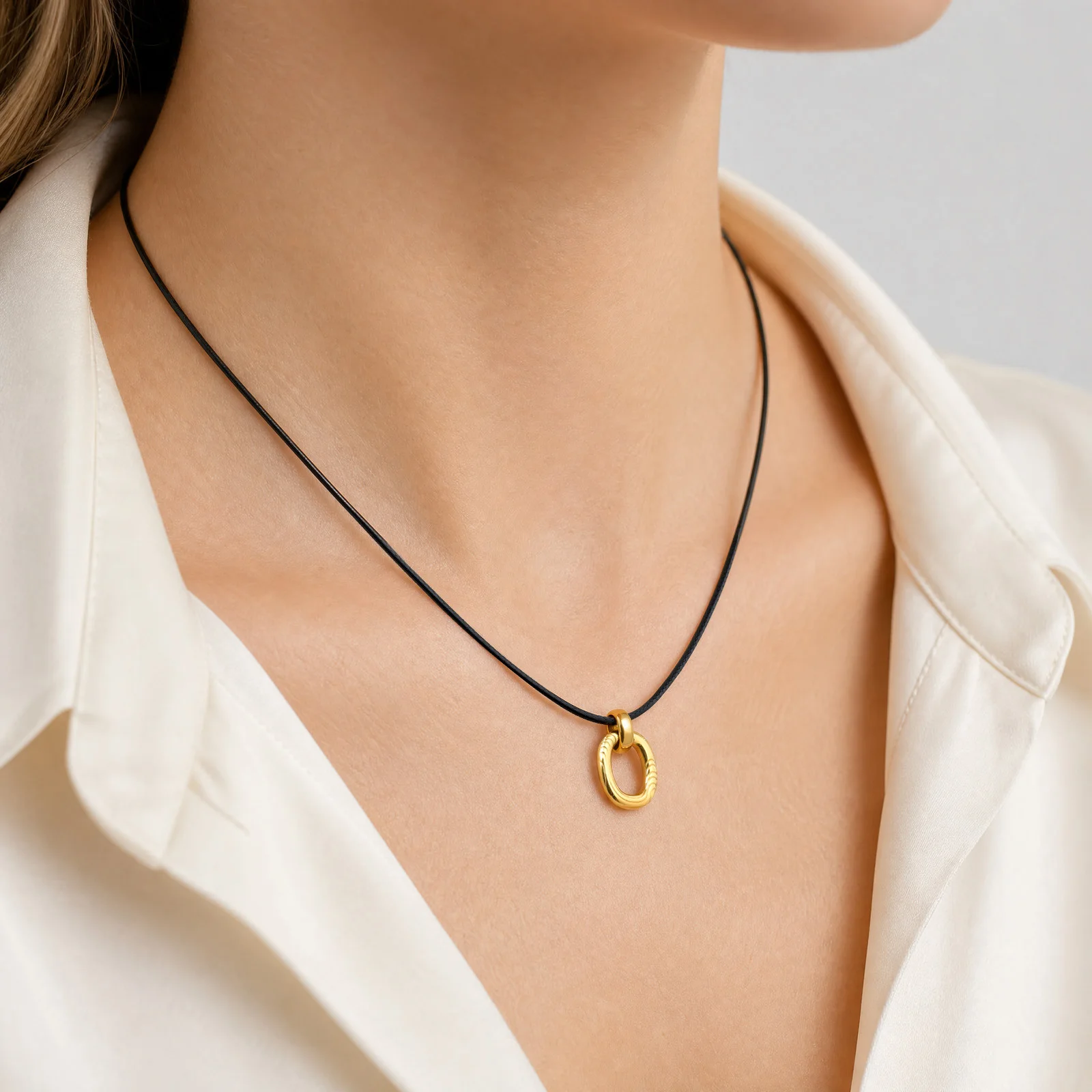 Geometric Pendant Necklace for Women Men, 18K Gold Plated Stainless Steel Black Cord, Abstract Minimalist Jewelry