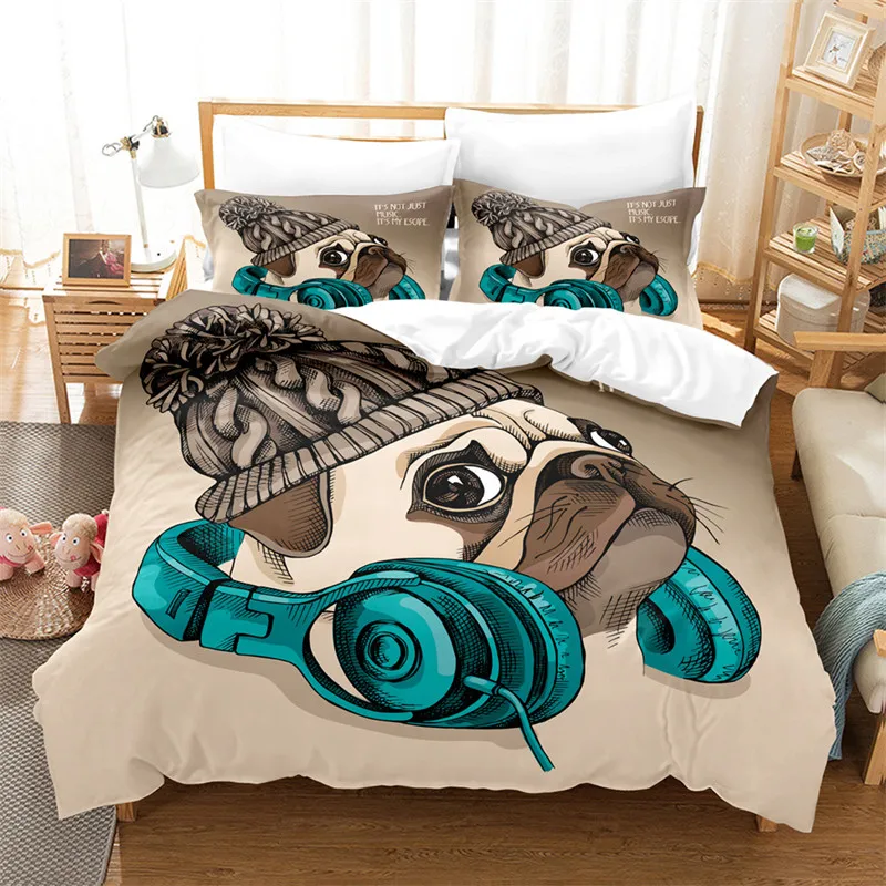 3D Funny Animal Theme Bedding Set Queen Cat Dog Duvet Cover Set Cute Pug Dogs Printed Comforter Cover For Kids Teens Boys Decor