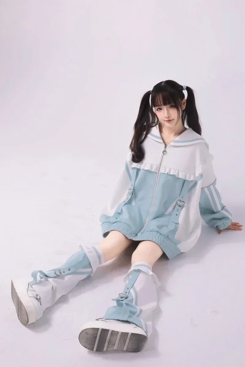 2024 Autumn Rojita Style Mine Series Sweatshirts Suit Water Color System Sailor Collar Cute Mint Green Leg Warmer Sudadera Mujer