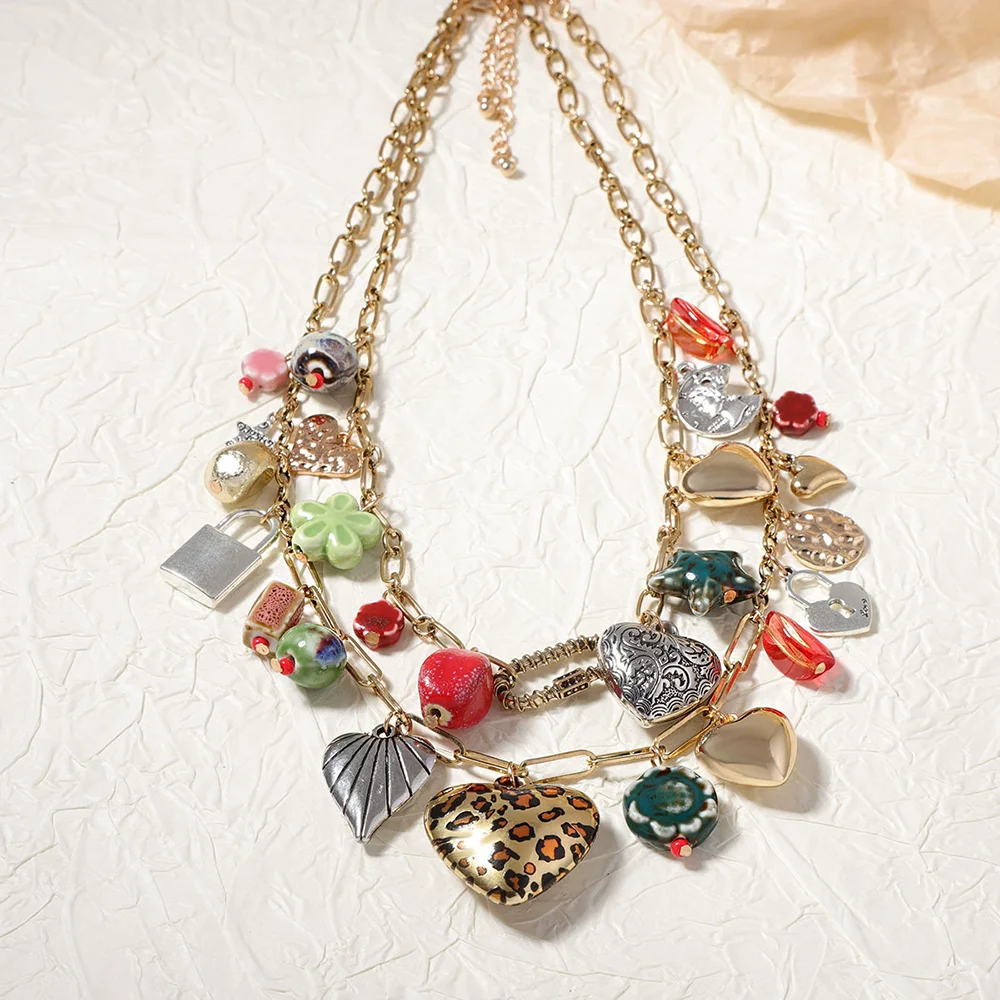 Bohemia Trend Vintage Necklace Vacation Chic Double Layered Alloy Multiple Pendant Necklace Beach Party Jewelry Accessories