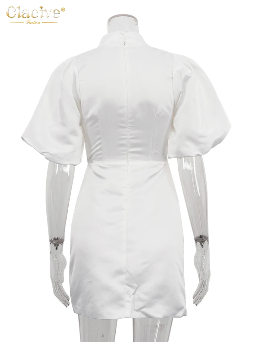 Clacive Fashion Slim White Satin Women Dress 2025 Summer Stand Collar Short Sleeve Mini Dresses Elegant High Waist Female Dress