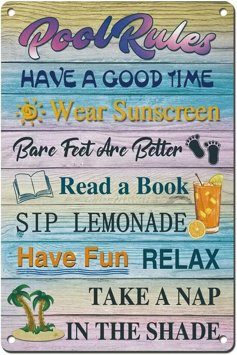 Pool Rules Metal Sign Wall Décor Tin for Home Beach Bar Deck Backyard Swimming Indoor Outdoor Decor -aluminu