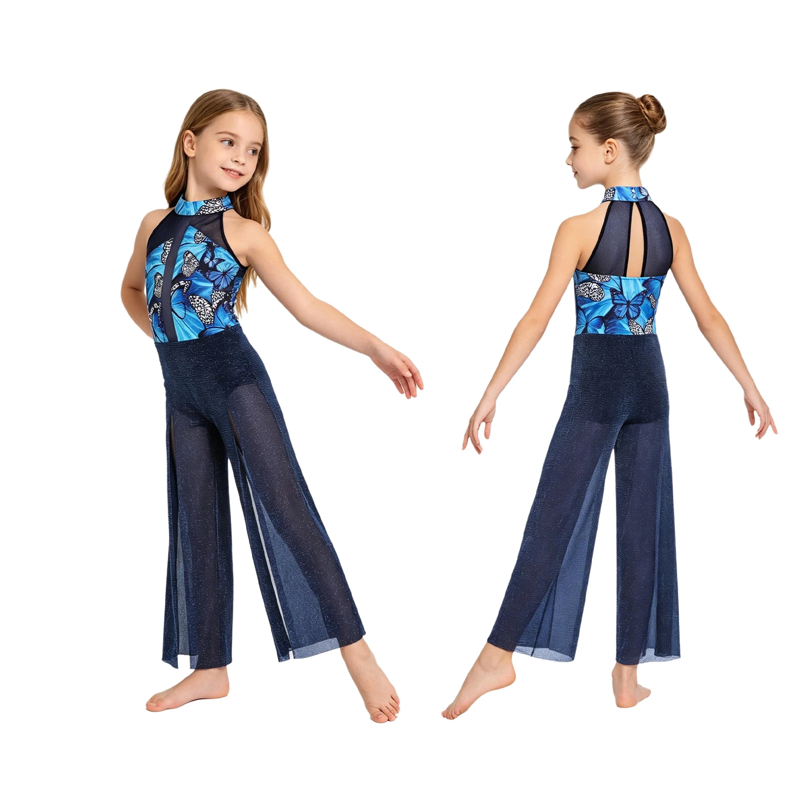 

6-16Y Girls Lyrical Dance Costume Printed Jumpsuit Mock Neck Sleeveless Patchwork Split Long Pants Build in Briefs Dance Leotard