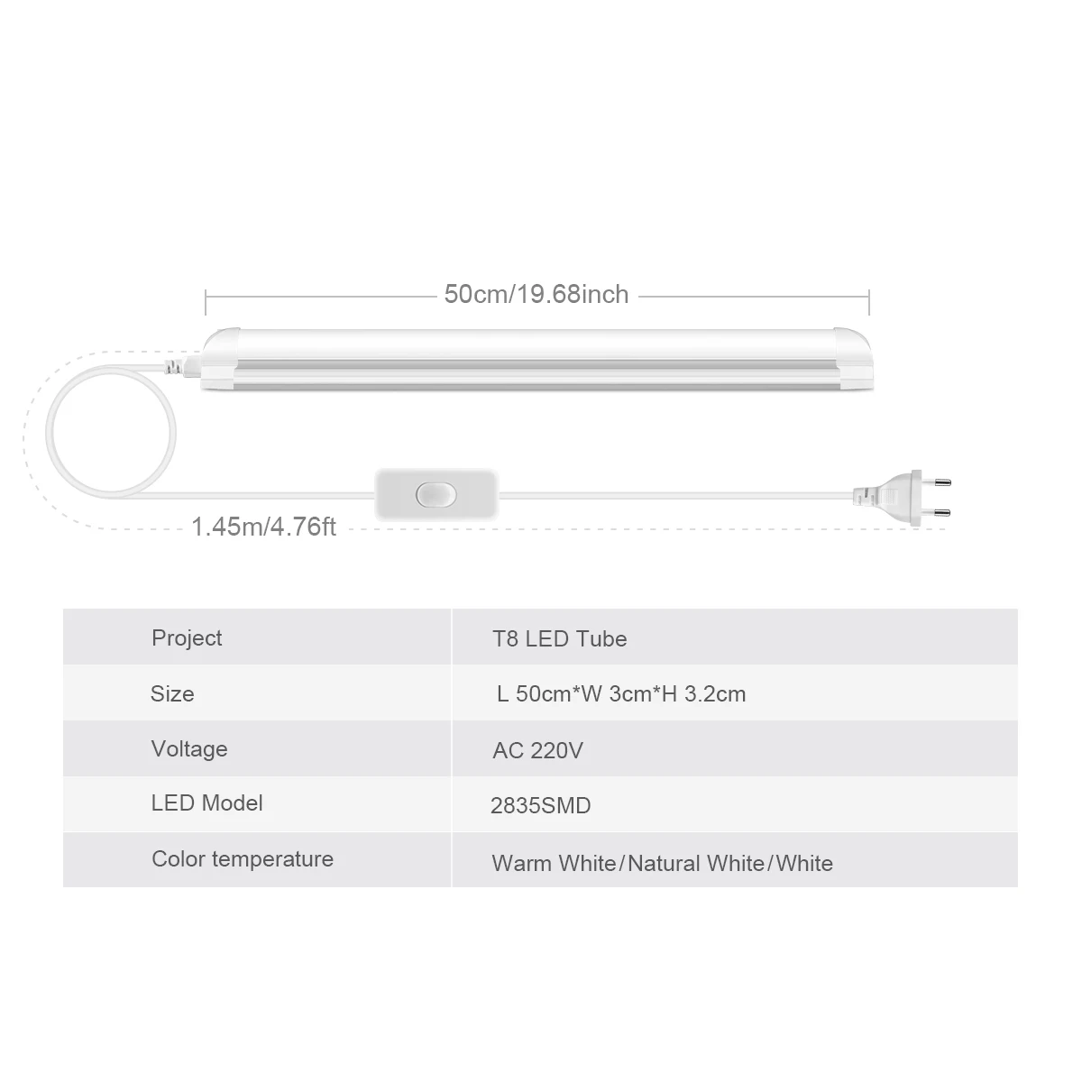 High Brightness 50cm 1-6PCS T8 LED Tube Bulb Lamp 220V With Push Button Switch EU Power Adapter House Basement Warehouse Lights