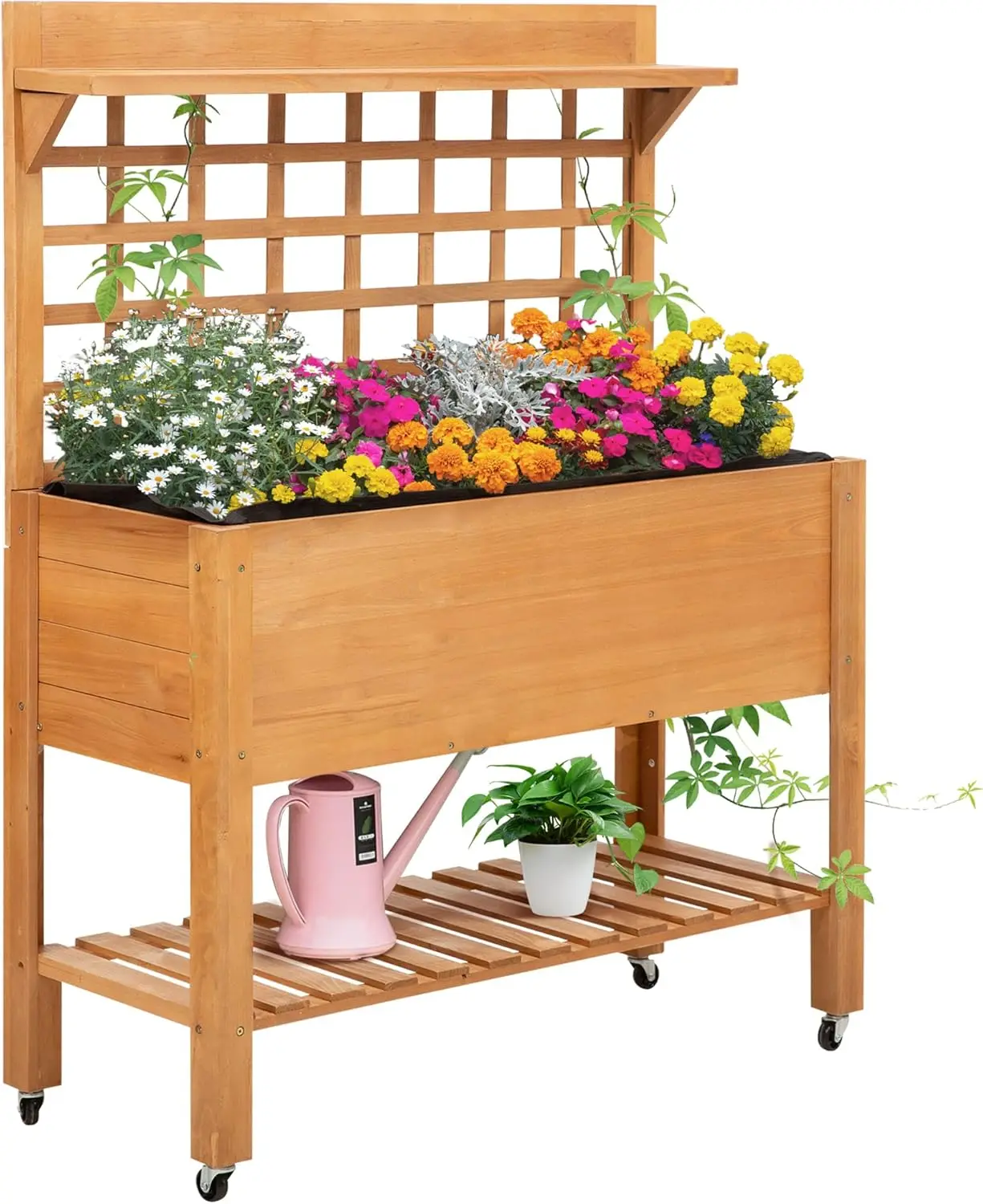 

41" Raised Garden Bed with Trellis on Wheels, Wooden Elevated Planter Box with Legs and Bed Liner, for Flowers, Herbs