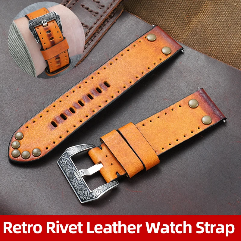 Retro Leather Watchband 20mm 22mm 24mm Rivet strap for Panerai TUDOR Hamilton ZENITH Men Brushed Steel Carved Clasp Accessories