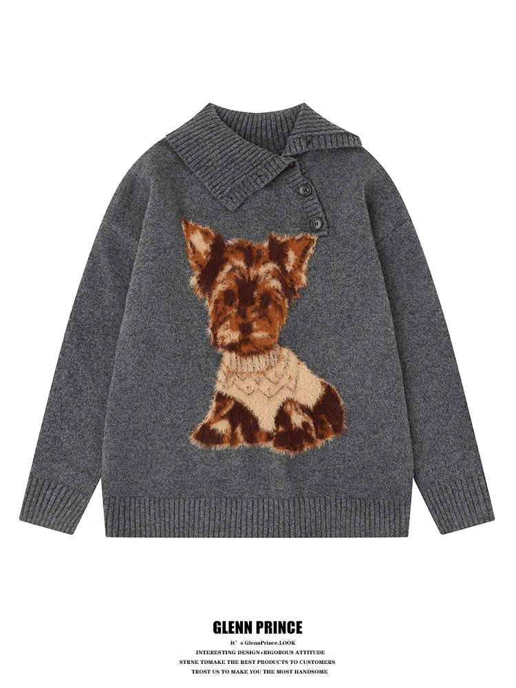 

GPstudio Vintage Dog Pattern Knitted Loose Fit Casual Sweater Men's 2025 New Sle Soft Comfortable ort Sve T-irt